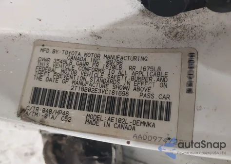 1997 Toyota Corolla Dx z USA, uszkodzony, nr VIN 2T1BB02E3VC181698